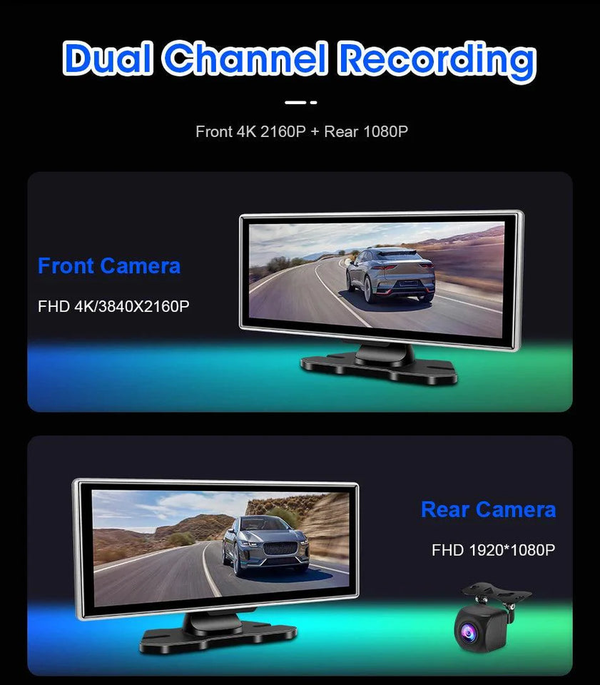 10/11.26 inch Dash Cam 4K Car DVR Wireless Carplay & Android Auto GPS Navigation Video Recorder Dashboard Dual Lens Wifi FM AUX