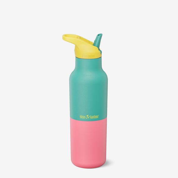 16oz Rise Classic insulated water bottle with yellow flip seal sport cap, teal and pink two-tone design, and stainless steel straw