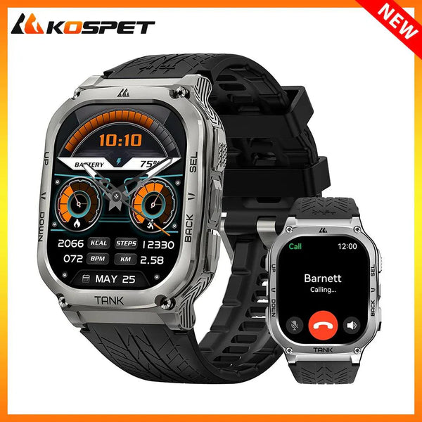 2024 KOSPET TANK M3 rugged smartwatch with AMOLED display, 480mAh battery, fitness tracking, Bluetooth, and water resistance