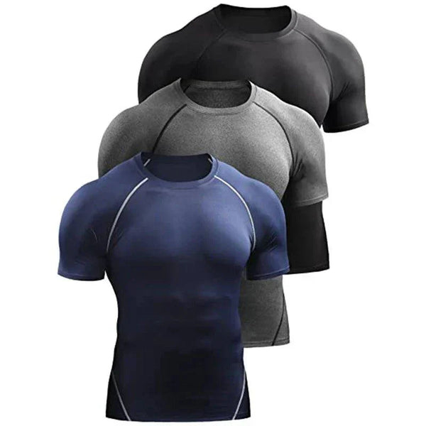 Men's 2025 Compression T-Shirts in black, gray, and blue, quick-dry athletic gym workout tops