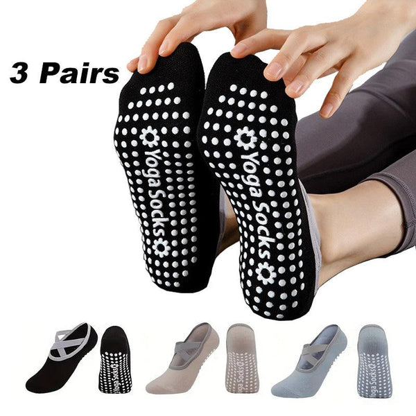 3 pairs of women's yoga socks with non-slip grips and straps for balance and stability, ideal for Pilates, ballet, dance, and barefoot workouts
