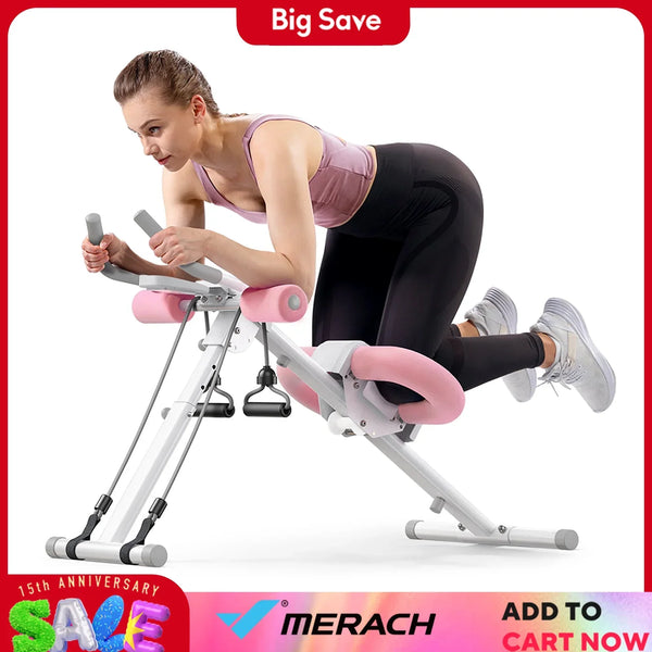 Woman exercising core using pink and gray adjustable MERACH Ab Machine trainer with knee protection and foldable design