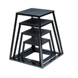Stacked black steel plyo boxes with anti-slip rubber tops in varying heights for strength training and conditioning