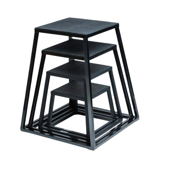 Stacked black steel plyo boxes with anti-slip rubber tops in varying heights for strength training and conditioning