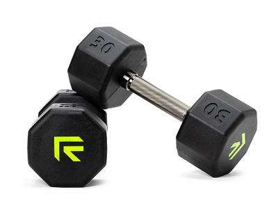 Graphite gray Octo Rubber Dumbbell with easy-grip steel handle and 8-sided rubber encasing to prevent rolling and reduce noise